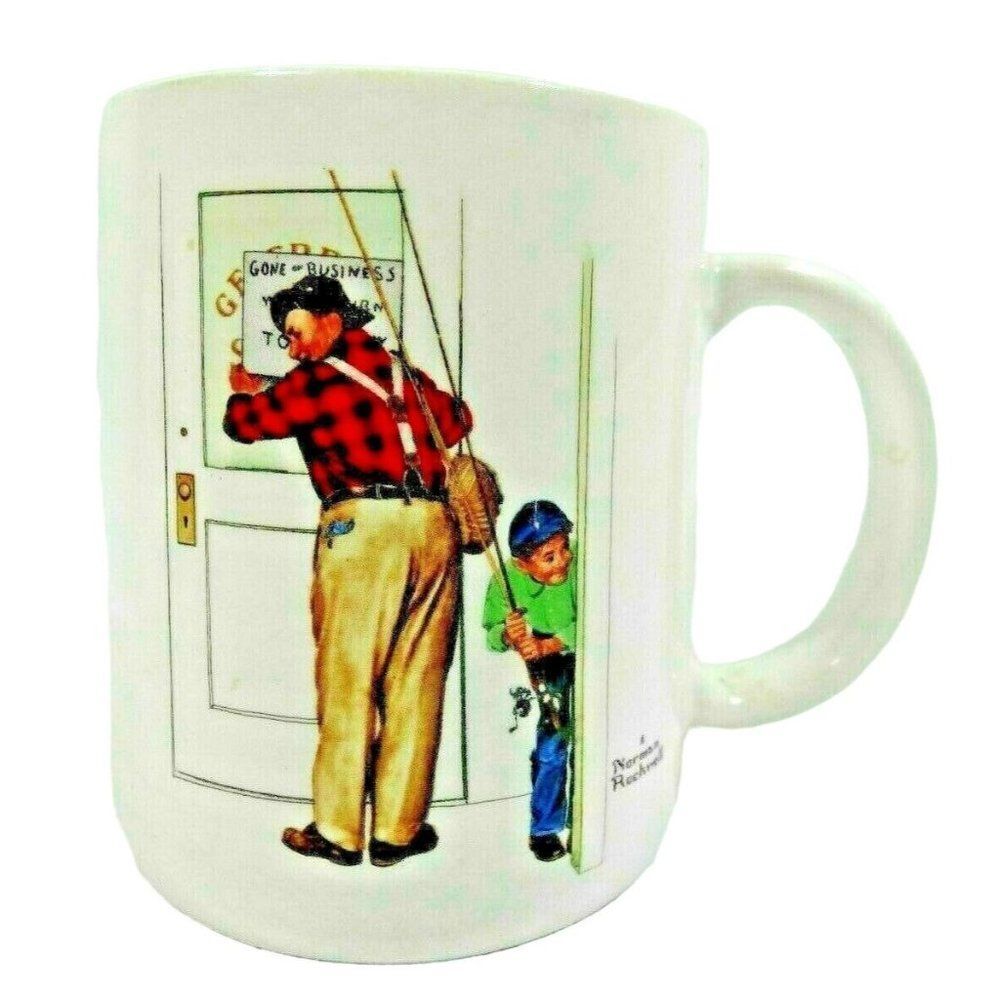 Norman Rockwell Coffee Mug Closed for Business VTG 1987 Collector Fishing Gift